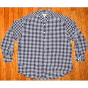 Eddie Bauer Men’s L Plaid Long Sleeve Button Down Shirt Navy Blue White Cotton